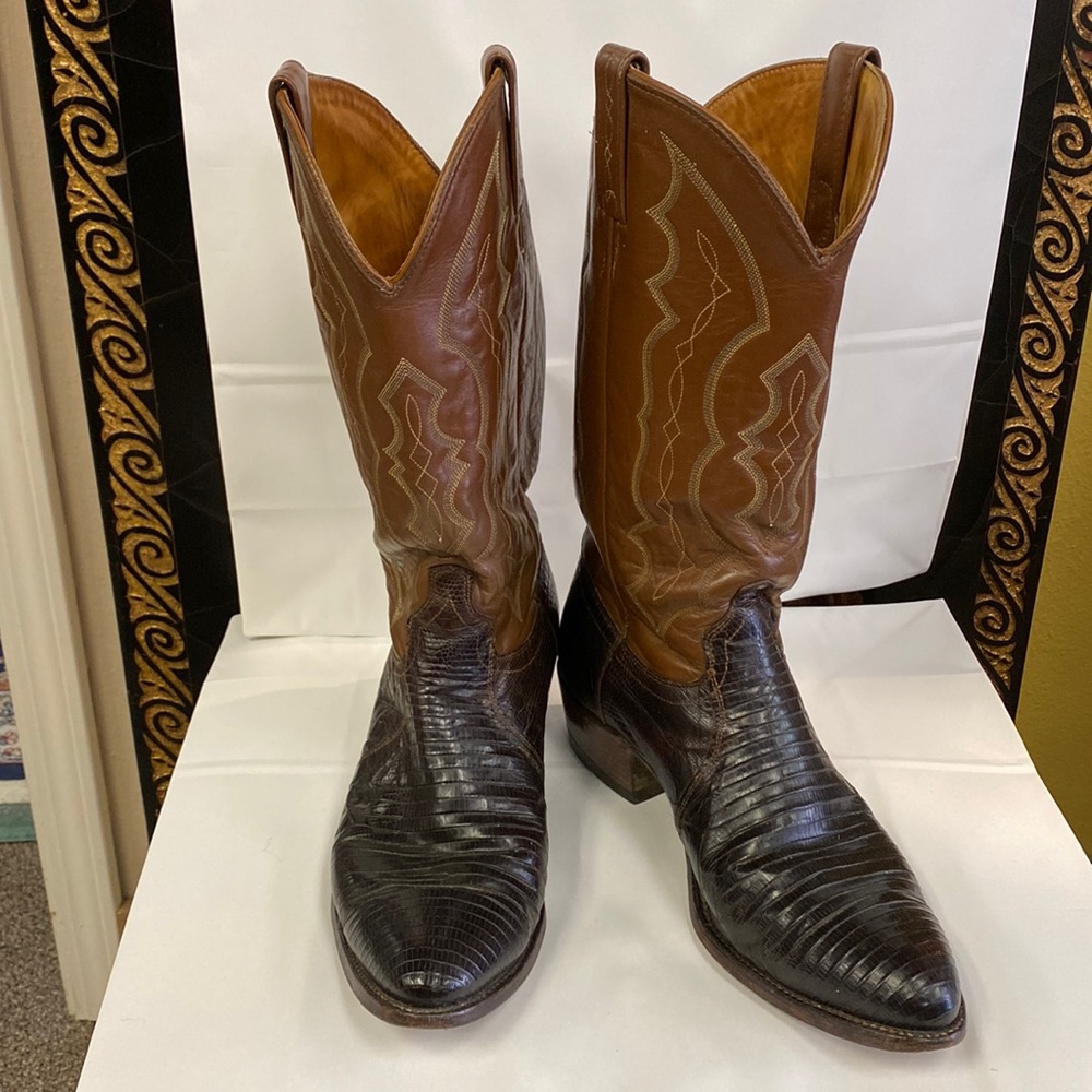 J Chisholm Boots.  Brown and Tan Leather with Lizard  Handcrafted in the USA.